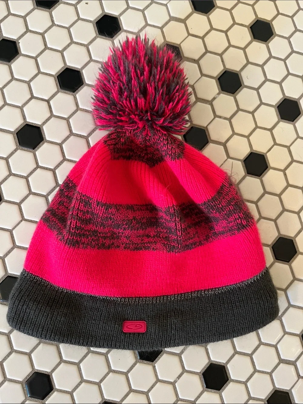 2 hats:  Kids Bright Pink & grey  and areie Gray with Pom Beanie